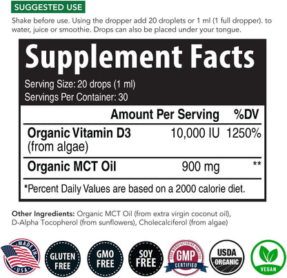 Plant D3 Vitamin D3 10000 IU Organic, Vegan, Max Strength Sublingual Liquid D3 Drops - 200% Higher Absorption, 100% Plant-Based Cholecalciferol Form and Vegan D3, Adjustable Dosing for All (30 Servings)