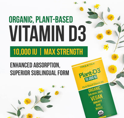 Plant D3 Vitamin D3 10000 IU Organic, Vegan, Max Strength Sublingual Liquid D3 Drops - 200% Higher Absorption, 100% Plant-Based Cholecalciferol Form and Vegan D3, Adjustable Dosing for All (30 Servings)