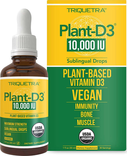 Plant D3 Vitamin D3 10000 IU Organic, Vegan, Max Strength Sublingual Liquid D3 Drops - 200% Higher Absorption, 100% Plant-Based Cholecalciferol Form and Vegan D3, Adjustable Dosing for All (30 Servings)