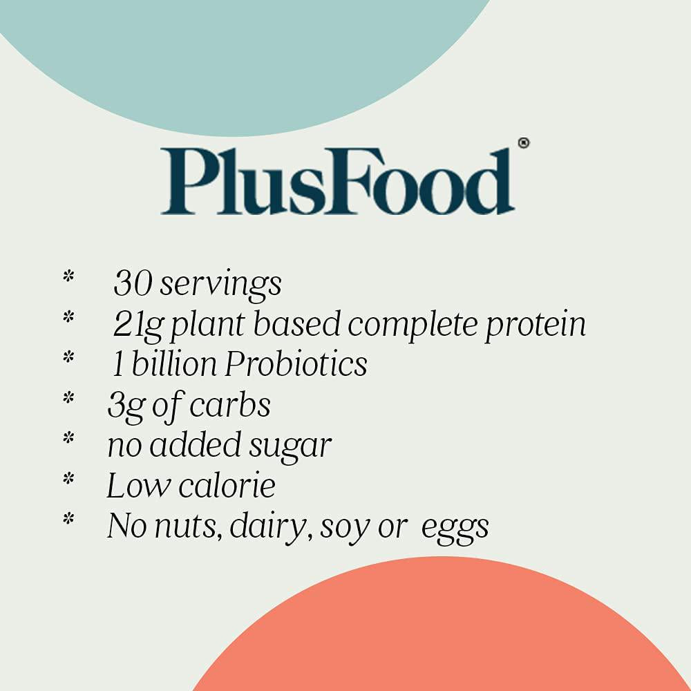 PlusFood Plant Based Protein Powder + Superfoods / Vegan Friendly / No Soy, No Eggs, No Nuts, No Dairy / No Sugar Added / Low Carbs / Vanilla Flavor / Probiotics and omegas / 30 Servings