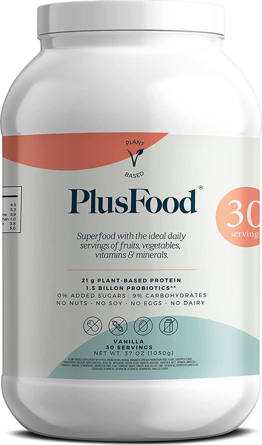 PlusFood Plant Based Protein Powder + Superfoods / Vegan Friendly / No Soy, No Eggs, No Nuts, No Dairy / No Sugar Added / Low Carbs / Vanilla Flavor / Probiotics and omegas / 30 Servings
