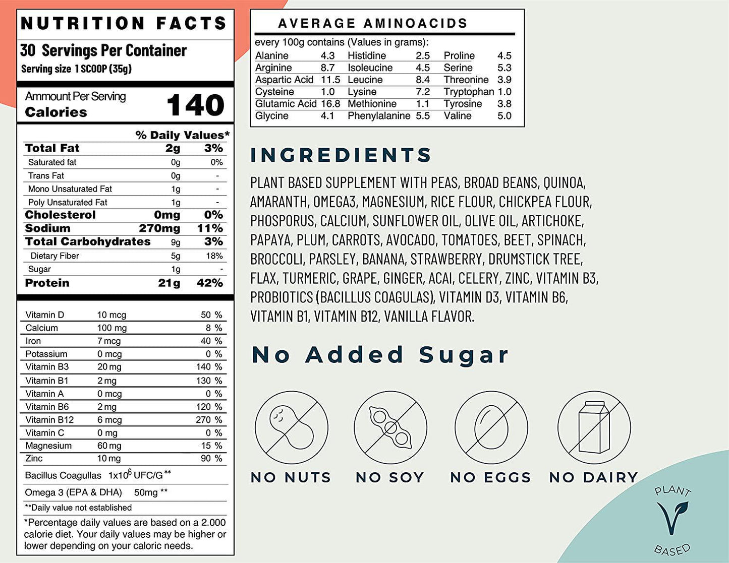 PlusFood Plant Based Protein Powder + Superfoods / Vegan Friendly / No Soy, No Eggs, No Nuts, No Dairy / No Sugar Added / Low Carbs / Vanilla Flavor / Probiotics and omegas / 30 Servings