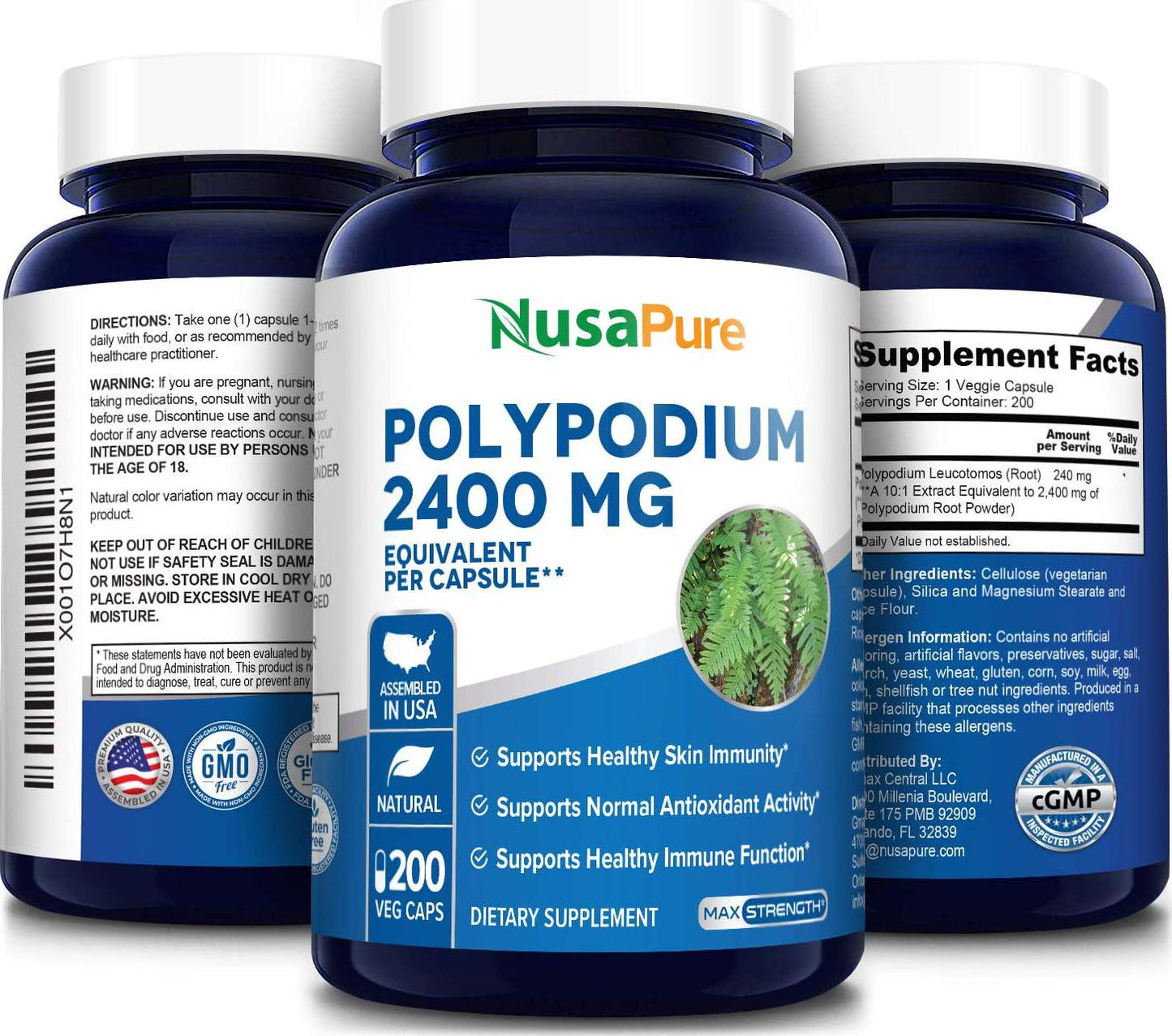 Polypodium Leucotomos Extract 240mg 200 Veggie Capsules (Vegetarian, Non-GMO and Gluten Free) Antioxidant Properties, Natural Skin Care Supplement