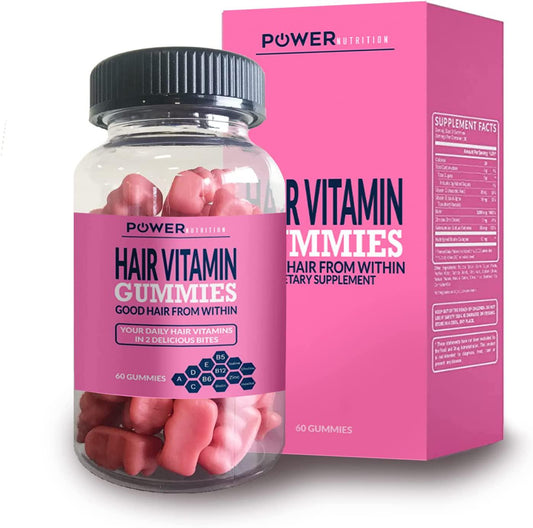Power Nutrition Hair Vitamins Gummies with Biotin 5000 mcg Vitamin E and C Support Hair Growth, Premium Vegetarian, Non-GMO, for Stronger, Beautiful Hair and Nails, for Men and Women - 60 Gummy Bears
