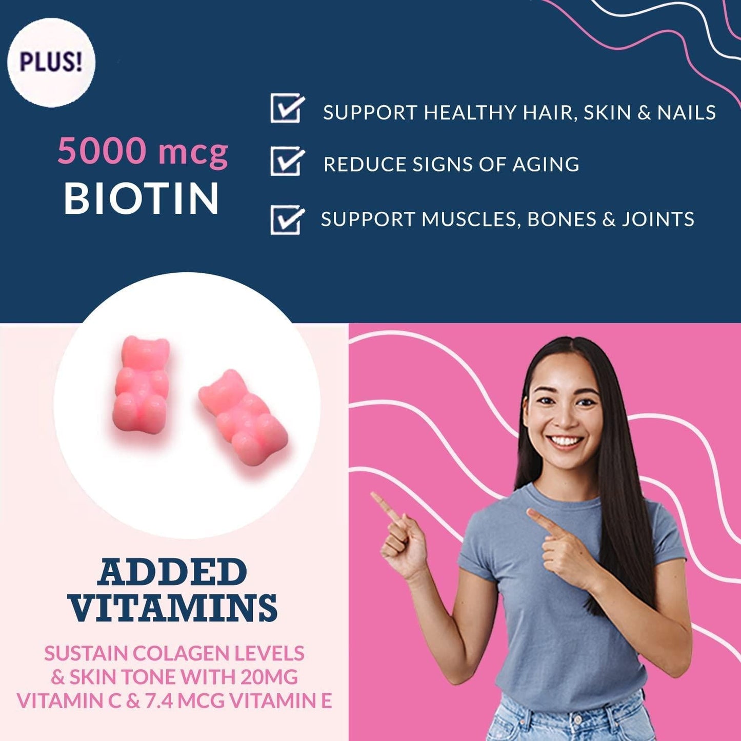 Power Nutrition Hair Vitamins Gummies with Biotin 5000 mcg Vitamin E and C Support Hair Growth, Premium Vegetarian, Non-GMO, for Stronger, Beautiful Hair and Nails, for Men and Women - 60 Gummy Bears