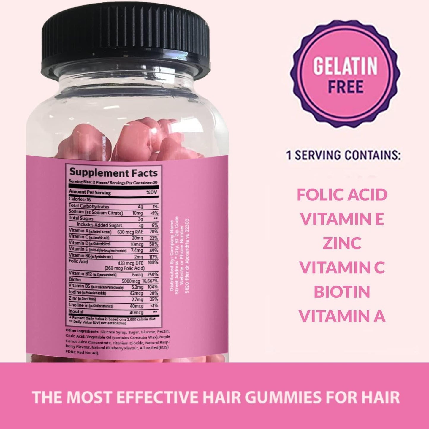 Power Nutrition Hair Vitamins Gummies with Biotin 5000 mcg Vitamin E and C Support Hair Growth, Premium Vegetarian, Non-GMO, for Stronger, Beautiful Hair and Nails, for Men and Women - 60 Gummy Bears