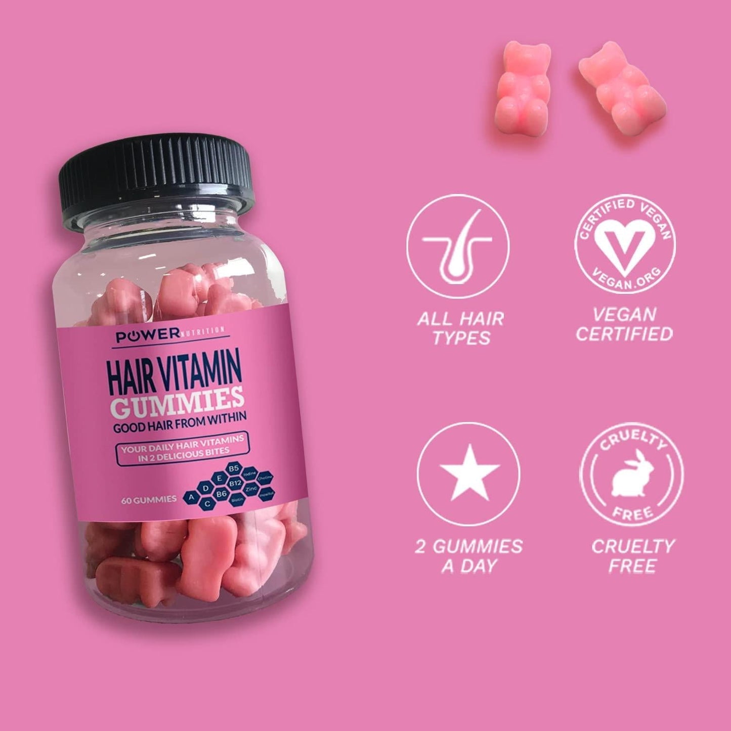 Power Nutrition Hair Vitamins Gummies with Biotin 5000 mcg Vitamin E and C Support Hair Growth, Premium Vegetarian, Non-GMO, for Stronger, Beautiful Hair and Nails, for Men and Women - 60 Gummy Bears