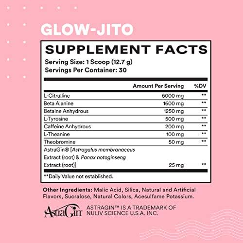 Pre-Game Pre Workout Powder for Women - Preworkout Energy Supplement for Nitric Oxide Boosting, Endurance, Focus, and Strength - 30 Servings, Glow-Jito