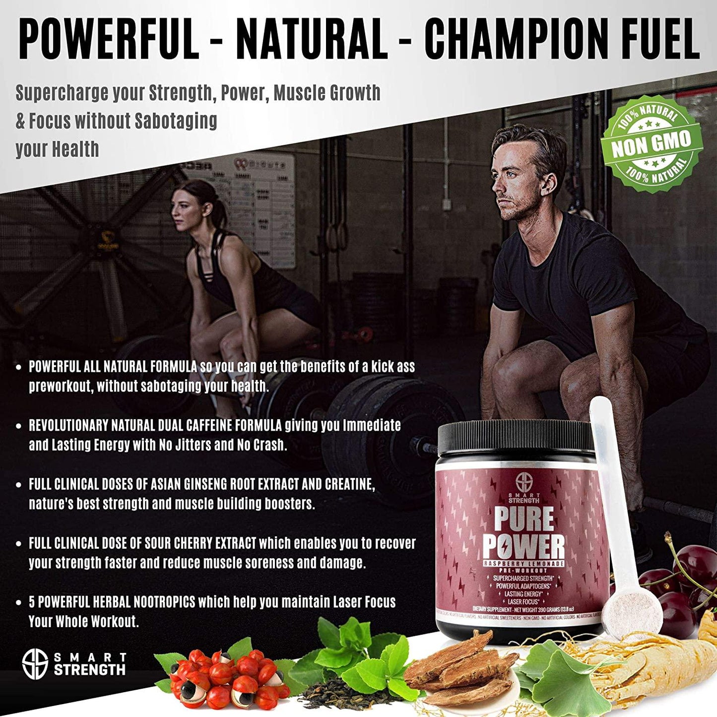 Pre Workout, Best All Natural PreWorkout Supplement. PURE POWER, Healthy Pump, Clean, Keto Vegan, Paleo, Thermogenic Pre Work Out Powder for Men and Women, Weight Loss and Energy - 390g Raspberry Lemonade