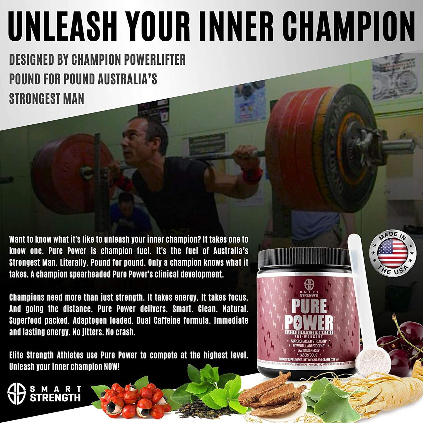 Pre Workout, Best All Natural PreWorkout Supplement. PURE POWER, Healthy Pump, Clean, Keto Vegan, Paleo, Thermogenic Pre Work Out Powder for Men and Women, Weight Loss and Energy - 390g Raspberry Lemonade