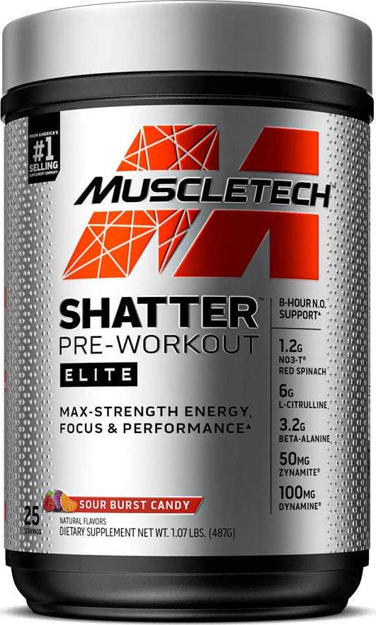Pre Workout for Men and Women | MuscleTech Shatter Elite Pre-Workout | Preworkout Energy Powder | 8 Hr Nitric Oxide Booster + Beta Alanine | Focus + Strength | 350mg Caffeine | Sour Burst Candy, 25 Serv