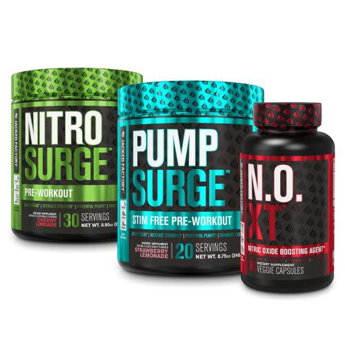 Pre Workout with Best Pump - Pumped Up Bundle: Nitrosurge Pre-Workout, Pumpsurge Caffeine Free Pre-Workout, N.O. XT Nitric Oxide Booster