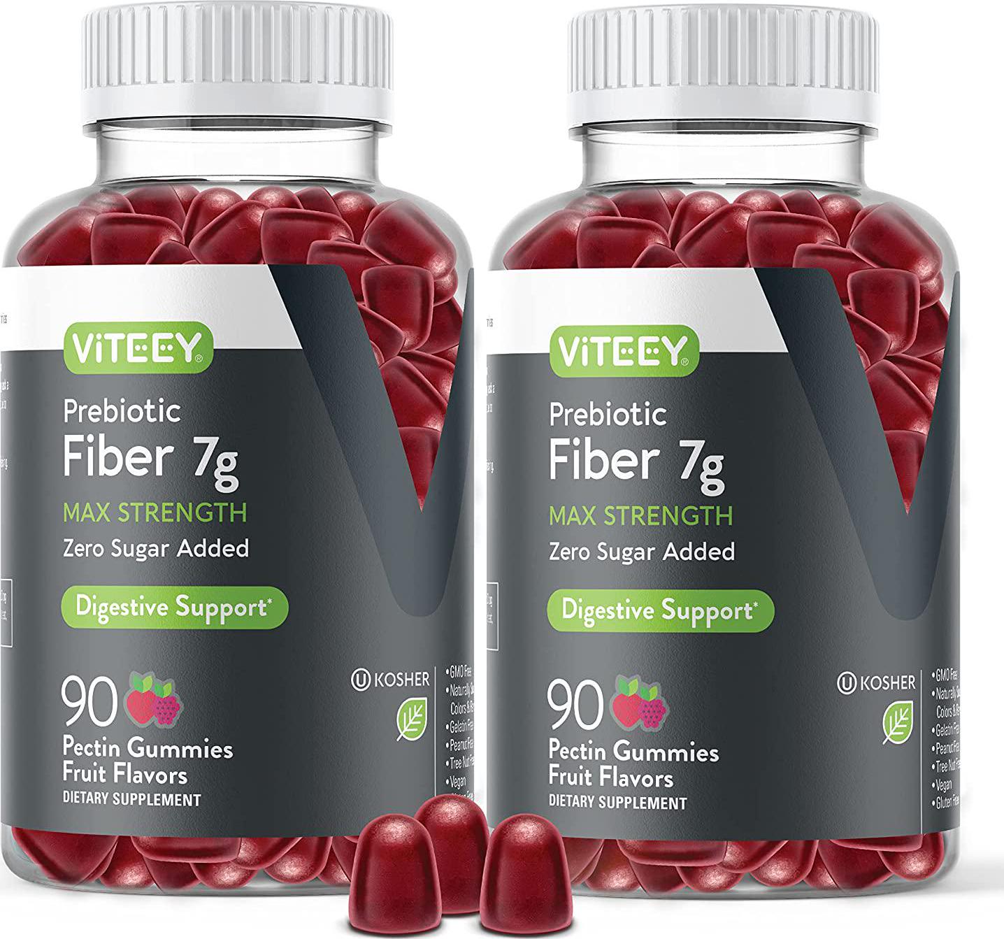 Prebiotic Fiber Gummies 7G Extra Strength Zero Sugar Added Digestive Heath Regularity and Natural Weight Support, Vegan Dietary Supplement for Adults and Teens, Pectin Chewable Gummy Fruit Chews (2 Pack)