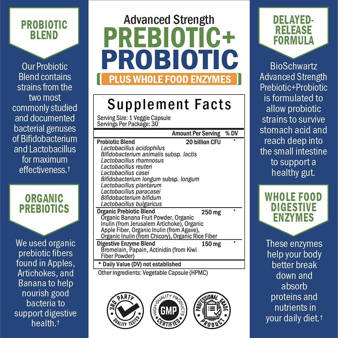 Prebiotic + Probiotic Plus Whole Food Enzymes Supplement for Men and Women. 20 Billion CFU-Whole Health Nutrition and Complete Digestive Support with Lactobacillus Acidophilus - 30 Capsules