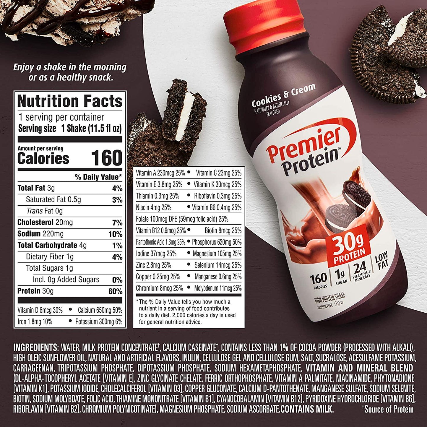 Premier Protein 30g Protein Shake, Cookies and Cream, 11.5 fl oz Shake, (12 count)