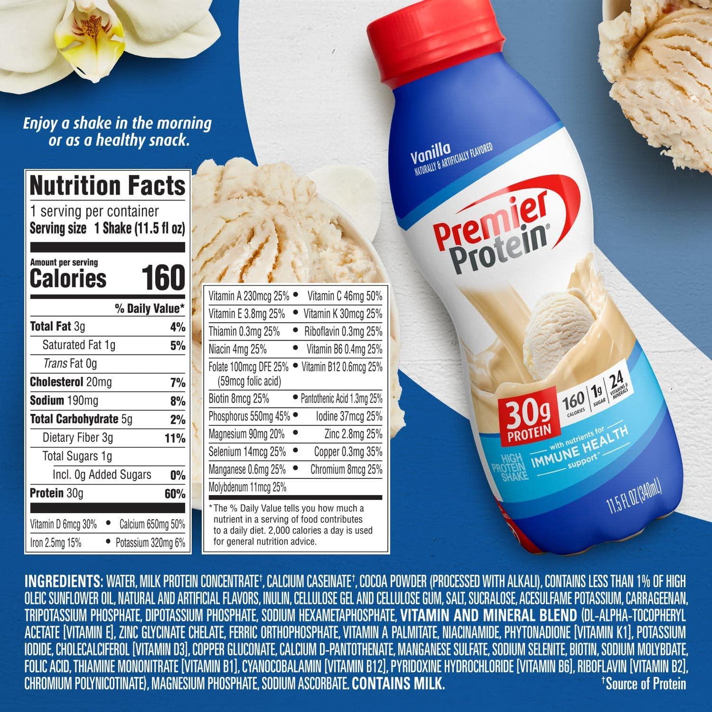 Premier Protein Shake, Vanilla, 30g Protein, 1g Sugar, 24 Vitamins and Minerals, Nutrients to Support Immune Health 11.5 Fl Oz (Pack of 12)