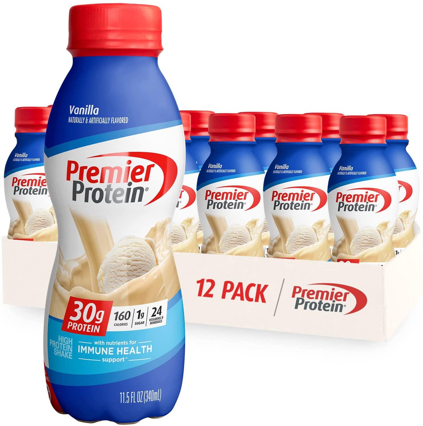 Premier Protein Shake, Vanilla, 30g Protein, 1g Sugar, 24 Vitamins and Minerals, Nutrients to Support Immune Health 11.5 Fl Oz (Pack of 12)