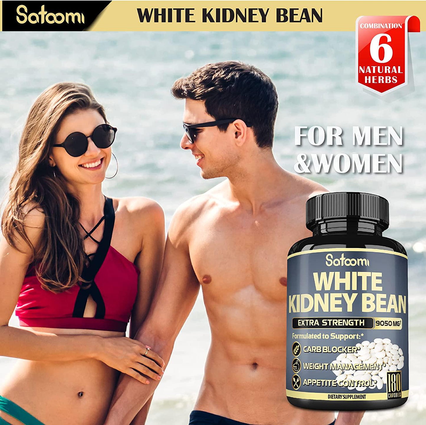Premium 6 in 1 White Kidney Bean Extract Capsules - 6 Month Supply - Equivalent to 9050mg - Extra Blend with Olive Leaf, Green Coffee Bean and Green Tea - Support Carb Scale Down - 1 Pack 180 Count