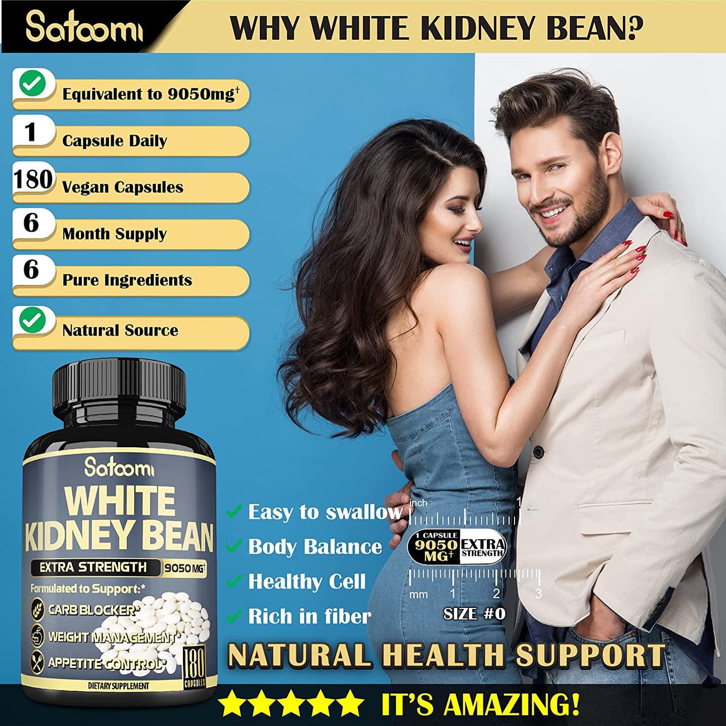 Premium 6 in 1 White Kidney Bean Extract Capsules - 6 Month Supply - Equivalent to 9050mg - Extra Blend with Olive Leaf, Green Coffee Bean and Green Tea - Support Carb Scale Down - 1 Pack 180 Count