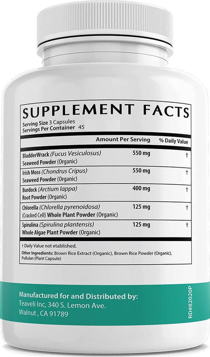 Premium Algae Superfood and Chlorophyll Capsules with Organic Irish Sea Moss, Bladder Wrack, Burdock Root, Spirulina Chlorella- Supports Healthy Thyroid Function, Joints, Immune System and Gut Health