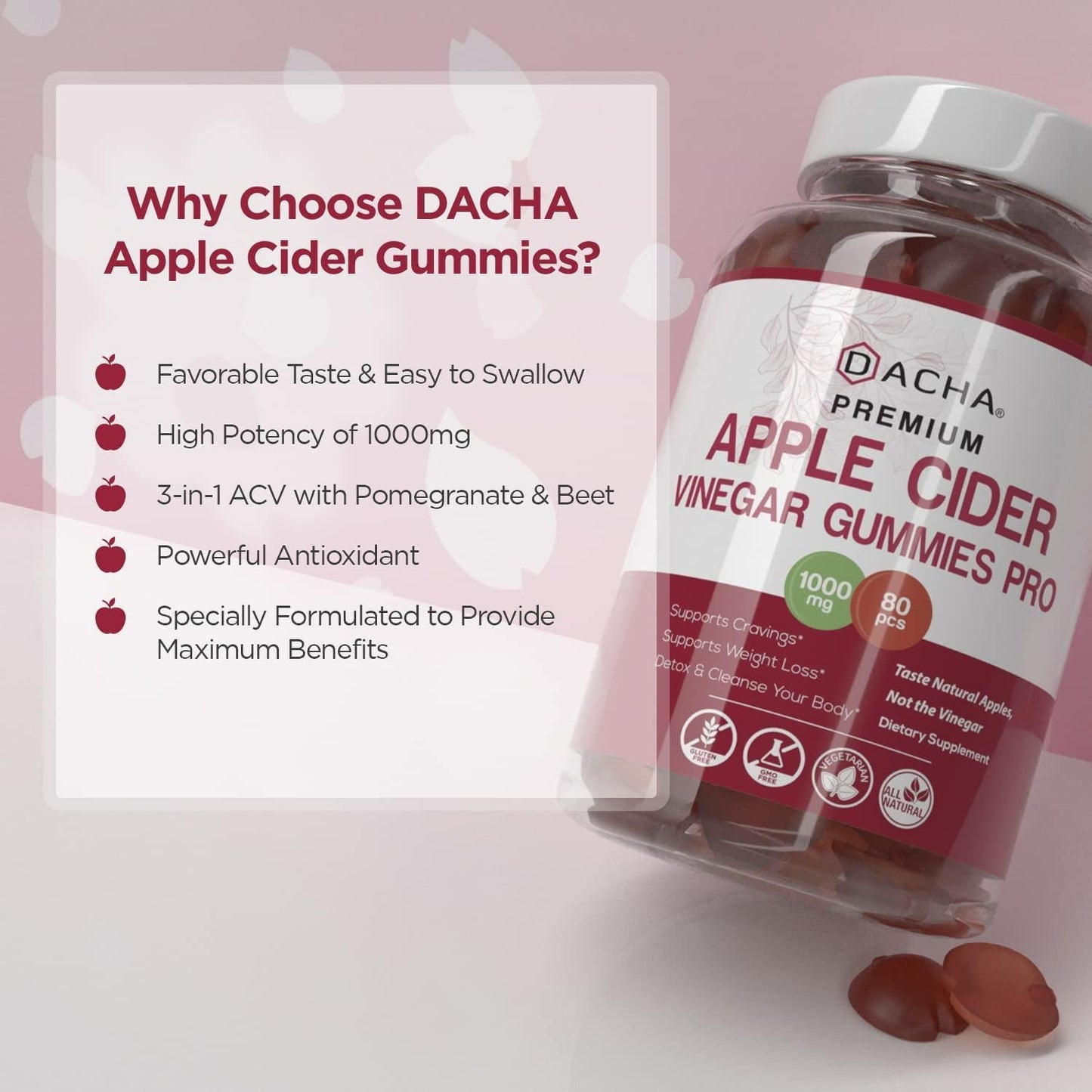 Premium Apple Cider Vinegar Gummies 80 Count, 1000mg Raw, Organic, Unfiltered ACV from The Mother, Not Sticky, Immune, Detox, Fitness and Acid Reflux Heartburn Pomegranate Beet Root Vitamin B9 B12