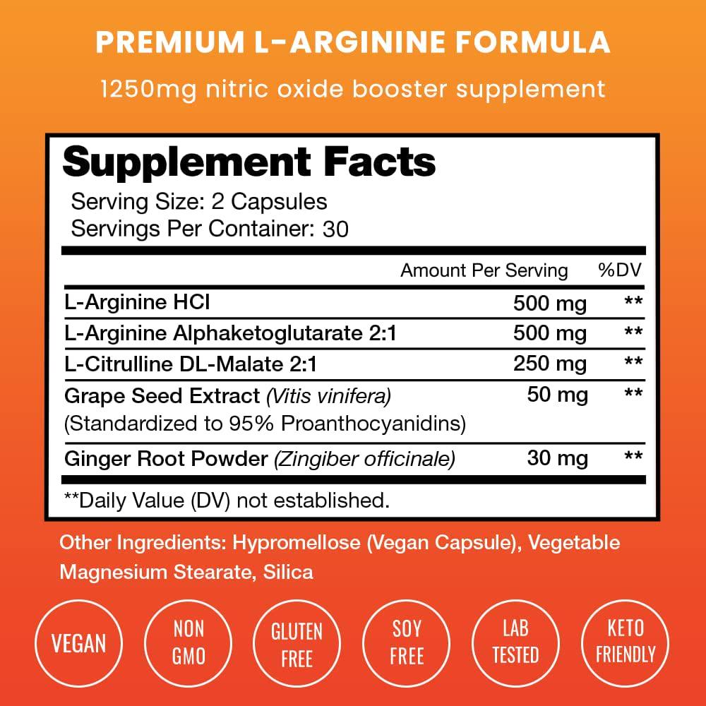 Premium L Arginine 1500mg Nitric Oxide Supplement - Extra Strength for Energy, Muscle Growth, Heart Health, Vascularity and Stamina - Powerful NO Booster Capsules with L-Arginine and L-Citrulline Powder