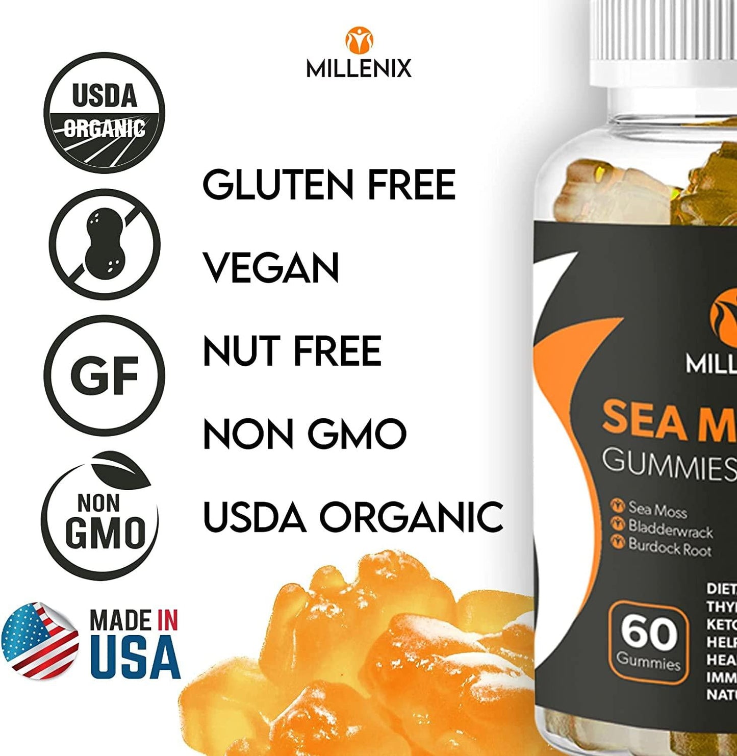 Premium Organic Irish Sea Moss Gummies - USA Made, Wildcrafted, 60 Vegan Gummies w/ Bladderwrack and Burdock Root, Immunity Vitamins, Weight Loss Detox, Gut Cleanse, Thyroid Support, Zinc + Vitamin C