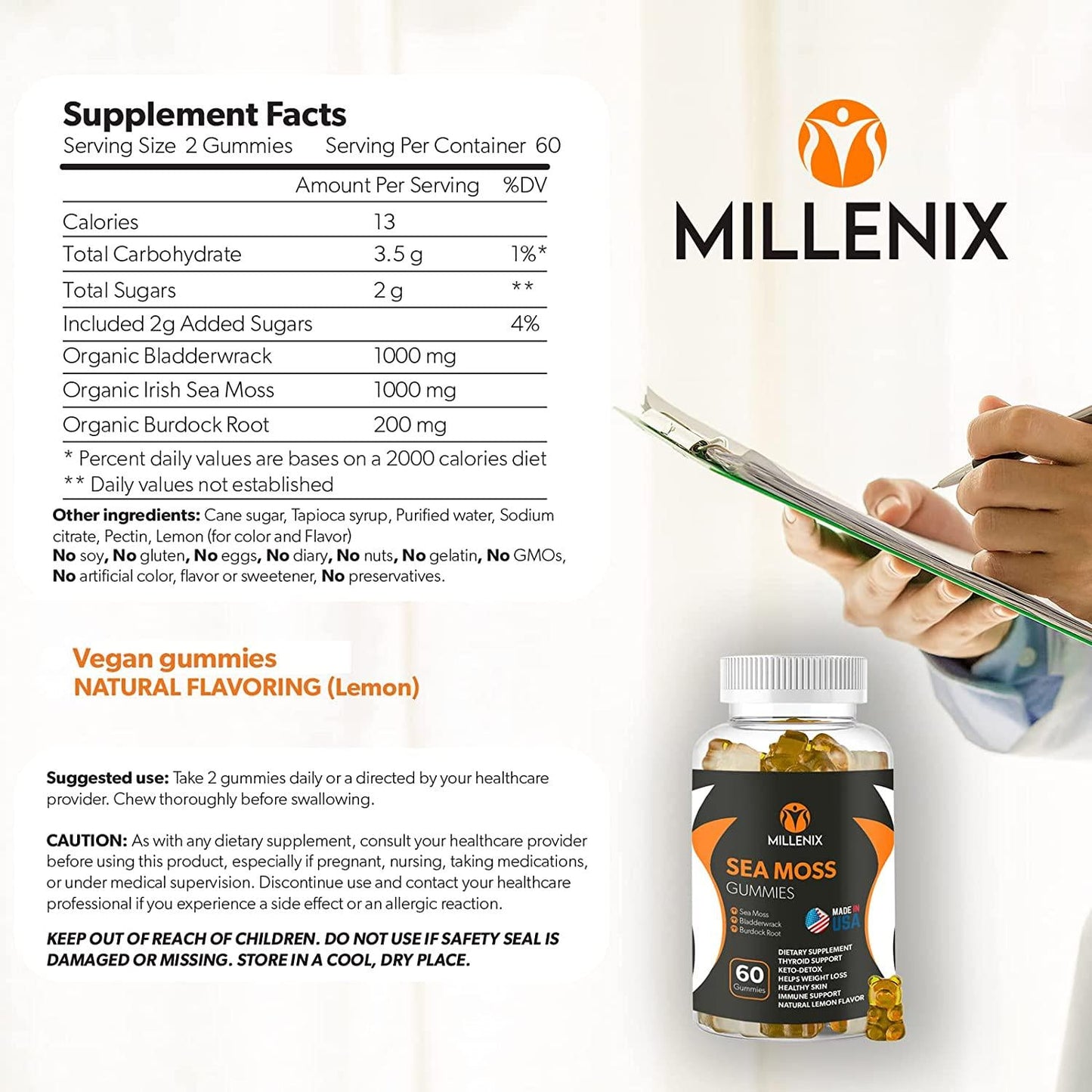 Premium Organic Irish Sea Moss Gummies - USA Made, Wildcrafted, 60 Vegan Gummies w/ Bladderwrack and Burdock Root, Immunity Vitamins, Weight Loss Detox, Gut Cleanse, Thyroid Support, Zinc + Vitamin C