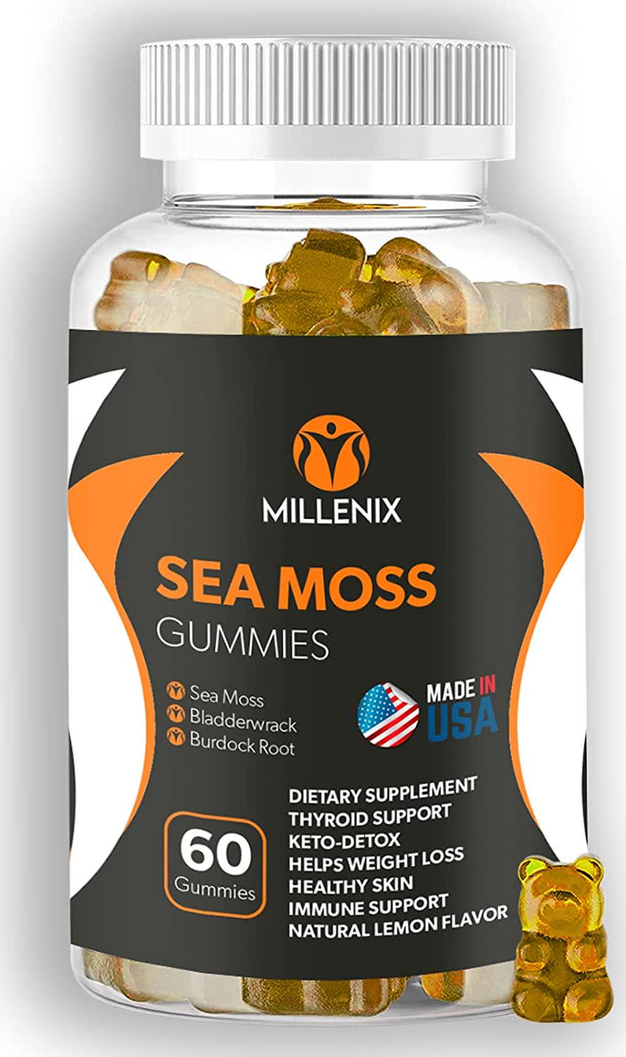 Premium Organic Irish Sea Moss Gummies - USA Made, Wildcrafted, 60 Vegan Gummies w/ Bladderwrack and Burdock Root, Immunity Vitamins, Weight Loss Detox, Gut Cleanse, Thyroid Support, Zinc + Vitamin C