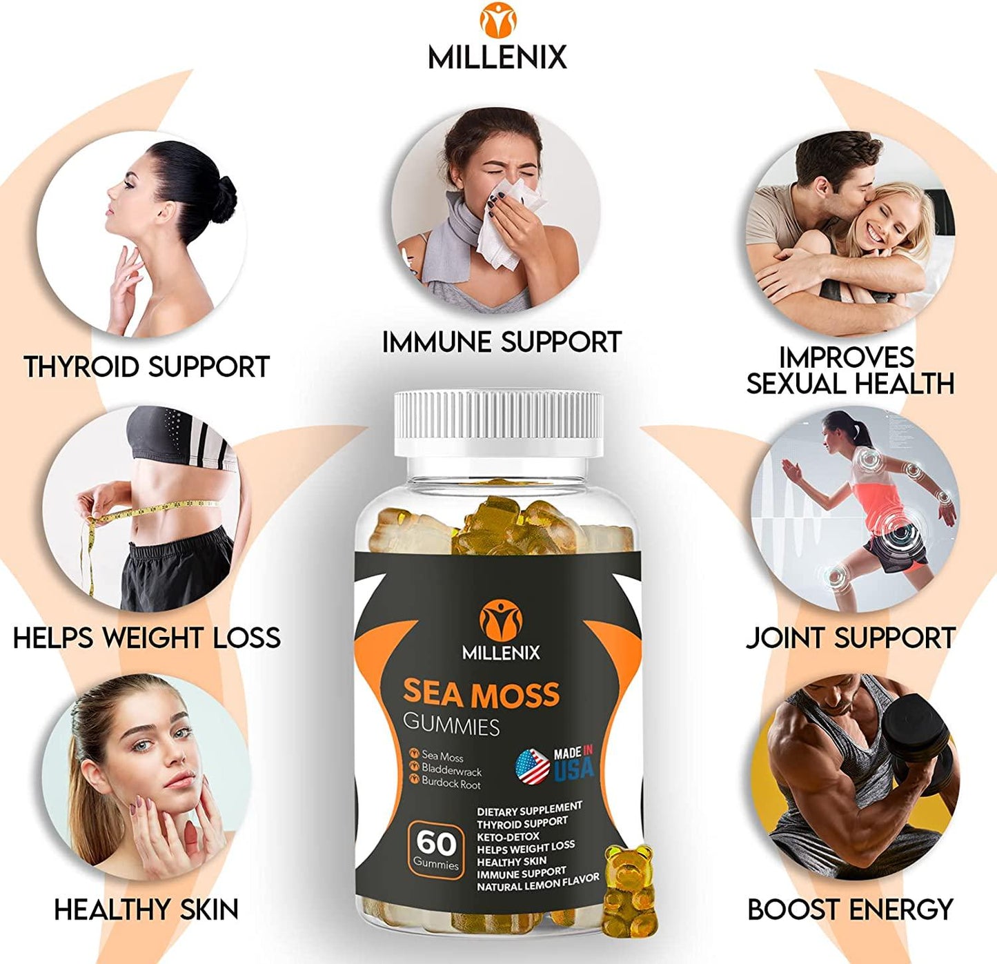 Premium Organic Irish Sea Moss Gummies - USA Made, Wildcrafted, 60 Vegan Gummies w/ Bladderwrack and Burdock Root, Immunity Vitamins, Weight Loss Detox, Gut Cleanse, Thyroid Support, Zinc + Vitamin C