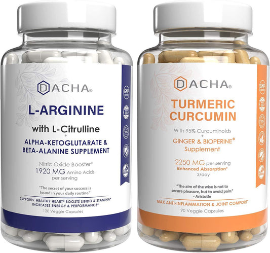 Premium Pre and Post Workout Support Bundle L-Arginine and Turmeric Curcumin, With Ginger, Bioperine, High Potency Formula Capsule Count, Nitric Oxide Booster, Joint Pain Relief, Support Exercise Energy