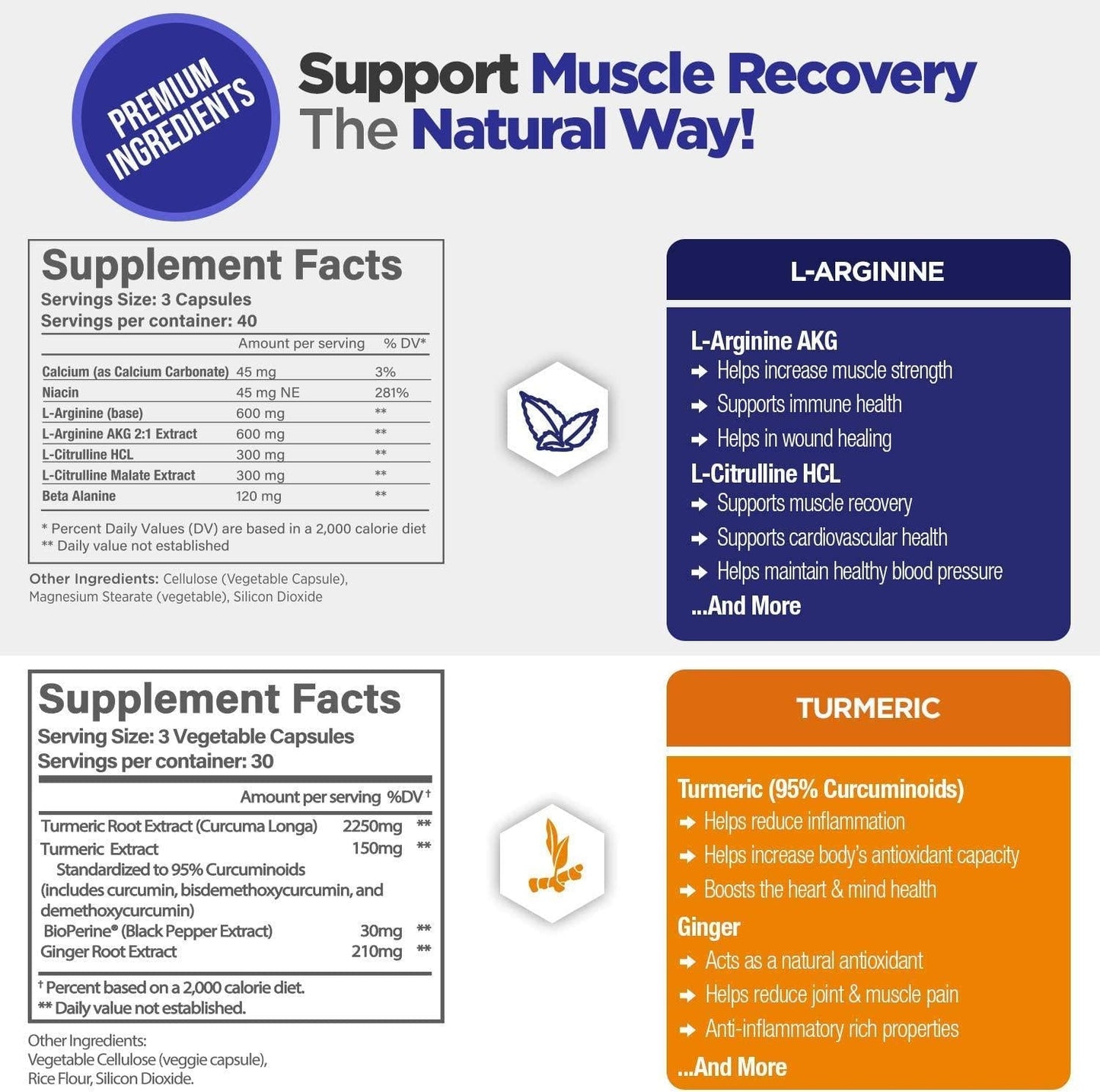 Premium Pre and Post Workout Support Bundle L-Arginine and Turmeric Curcumin, With Ginger, Bioperine, High Potency Formula Capsule Count, Nitric Oxide Booster, Joint Pain Relief, Support Exercise Energy