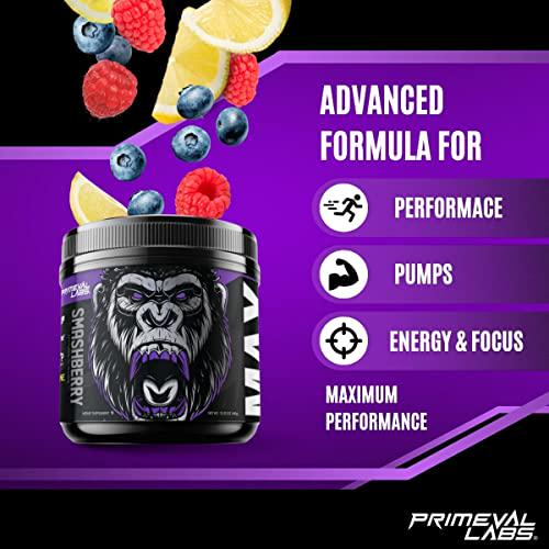 Primeval Labs ApeSh*t Max Premium Pre-Workout | Intense Energy, Focus, Pump and Performance | Beta Alanine, Choline Bitartrate | 400 mg Caffeine | 40 Servings (Smashberry)