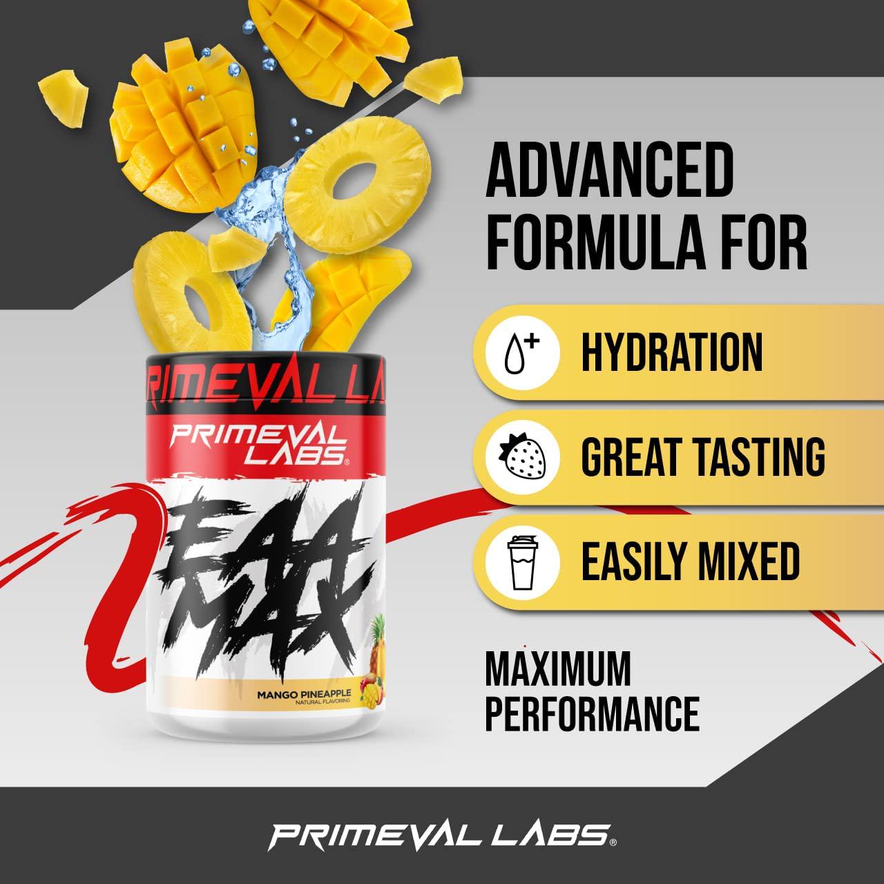 Primeval Labs EAA Max, BCAA Perfect Amino Acid Powder - Pre or Post Workout Muscle Recovery - BCAAs, EAAs, Electrolytes, Supports Hydration and Performance, Keto Friendly, Mango Pineapple 30 Servings