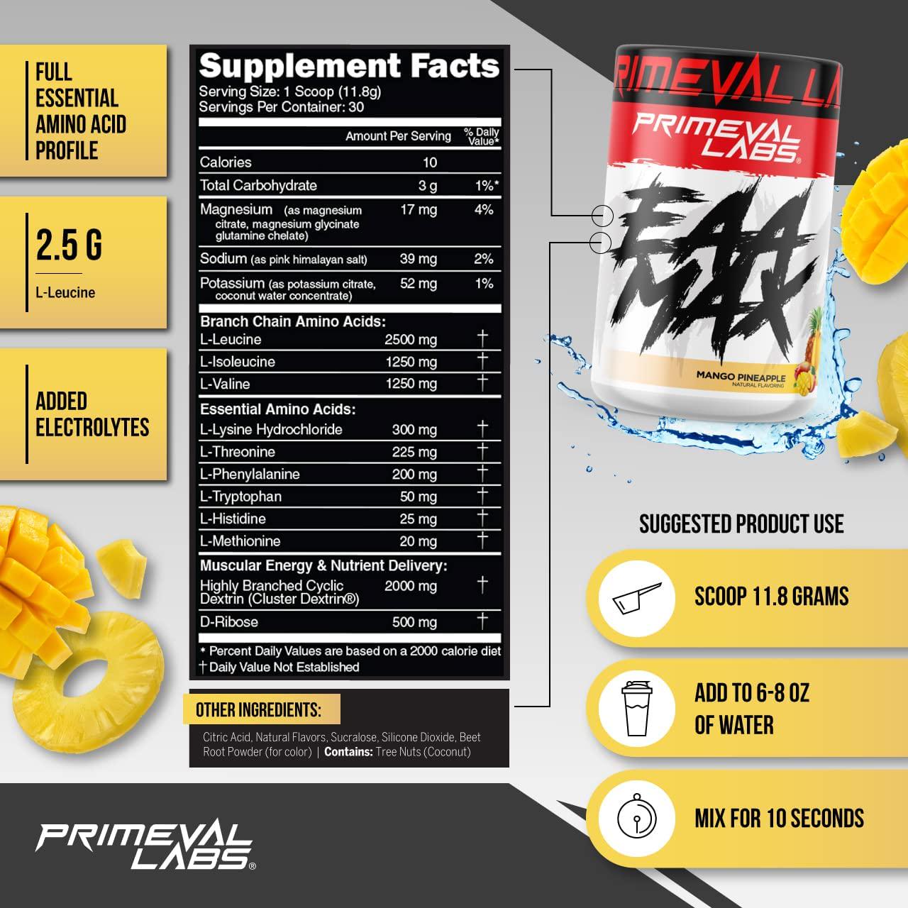 Primeval Labs EAA Max, BCAA Perfect Amino Acid Powder - Pre or Post Workout Muscle Recovery - BCAAs, EAAs, Electrolytes, Supports Hydration and Performance, Keto Friendly, Mango Pineapple 30 Servings