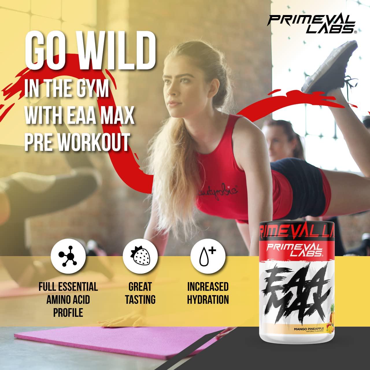 Primeval Labs EAA Max, BCAA Perfect Amino Acid Powder - Pre or Post Workout Muscle Recovery - BCAAs, EAAs, Electrolytes, Supports Hydration and Performance, Keto Friendly, Mango Pineapple 30 Servings