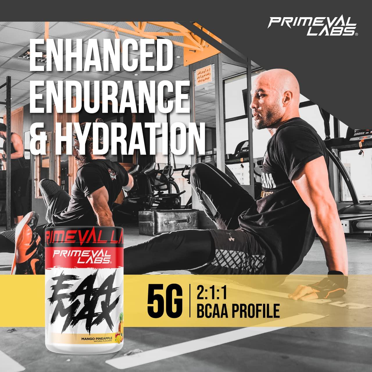 Primeval Labs EAA Max, BCAA Perfect Amino Acid Powder - Pre or Post Workout Muscle Recovery - BCAAs, EAAs, Electrolytes, Supports Hydration and Performance, Keto Friendly, Mango Pineapple 30 Servings