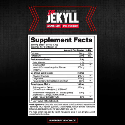 ProSupps Dr. Jekyll Signature Pre-Workout Powder, Stimulant and Caffeine Free, Intense Focus, Energy and Pumps, (30 Servings, Blueberry Lemonade)