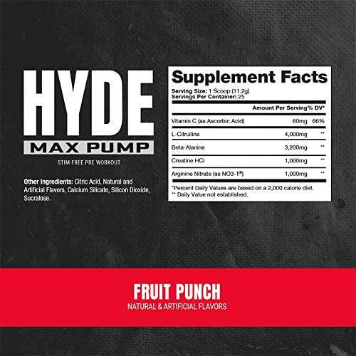 ProSupps Hyde Max Pump Pre Workout for Men and Women - Nitric Oxide Supplement for Pump and Endurance - Stimulant Free Pre Workout to Promote Blood Flow and Muscle Strength (Fruit Punch, 25 Servings)