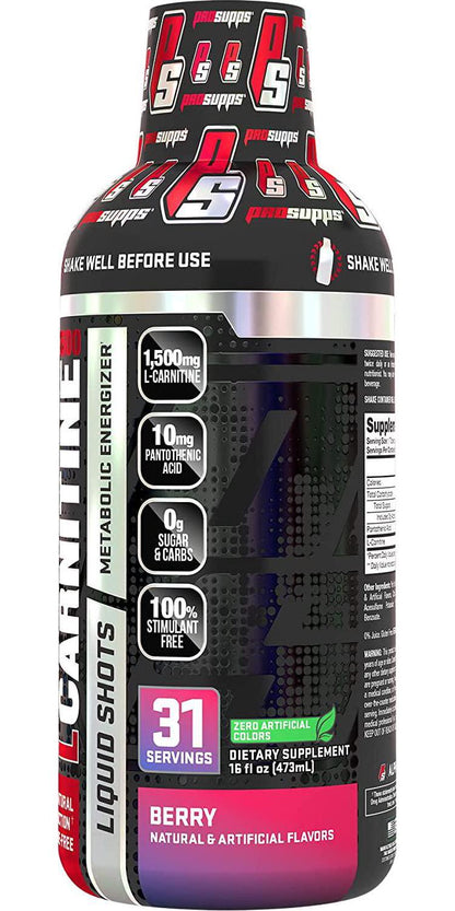 ProSupps L-Carnitine 1500 Stimulant Free Liquid Shots for Men and Women - Metabolic Energizer and Fat Burner Workout Drink for Performance and Muscle Recovery - Weight Loss Drinks (31 Servings, Berry)