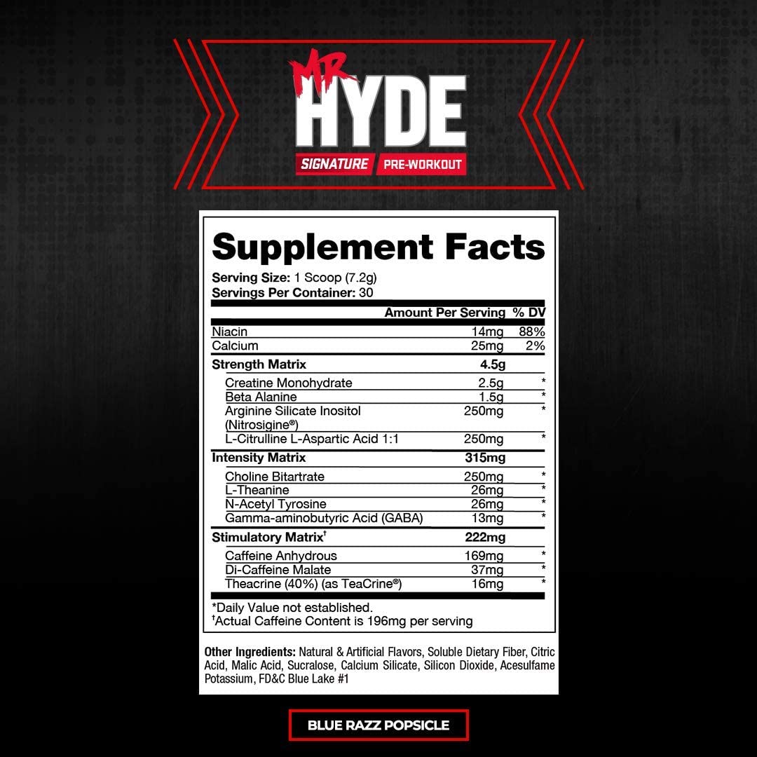 ProSupps Mr. Hyde Signature Pre Workout with Creatine, Beta Alanine, TeaCrine and Caffeine for Sustained Energy, Focus and Pumps - Pre-Workout Energy Drink for Men and Women (Blue Razz, 30 Servings)