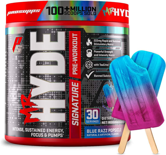 ProSupps Mr. Hyde Signature Pre Workout with Creatine, Beta Alanine, TeaCrine and Caffeine for Sustained Energy, Focus and Pumps - Pre-Workout Energy Drink for Men and Women (Blue Razz, 30 Servings)