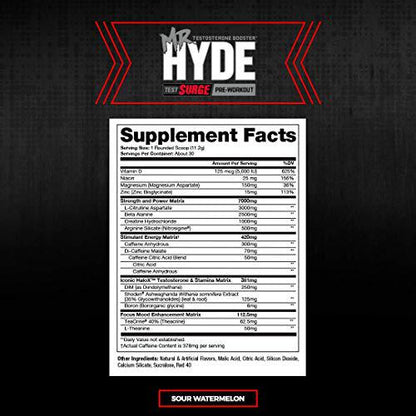 ProSupps Mr. Hyde Test Surge Pre Workout for Men and Women - High Stim Pre Workout Powder Drink with Testosterone Support Matrix for Enhanced Drive, Power and Focus (Sour Watermelon, 30 Servings)