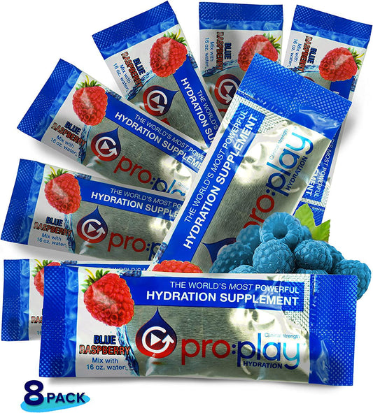 Pro:Play - 8 Stick Packs Blue Raspberry - Electrolyte Hydration Drink with Magnesium + Zero Sugar - All Natural