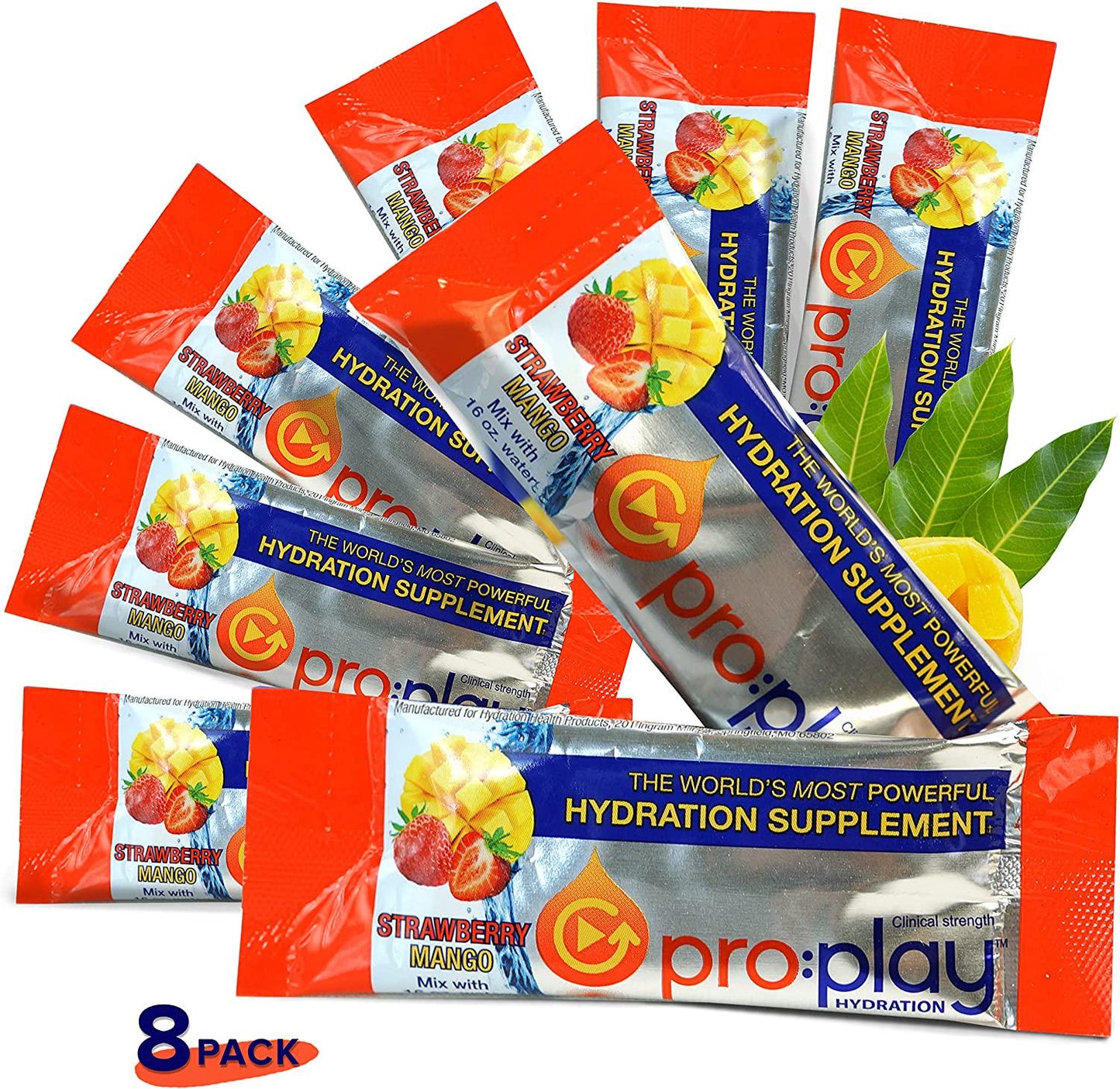 Pro:Play - 8 Stick Packs Strawberry Mango - Electrolyte Hydration Drink with Magnesium + Zero Sugar - All Natural