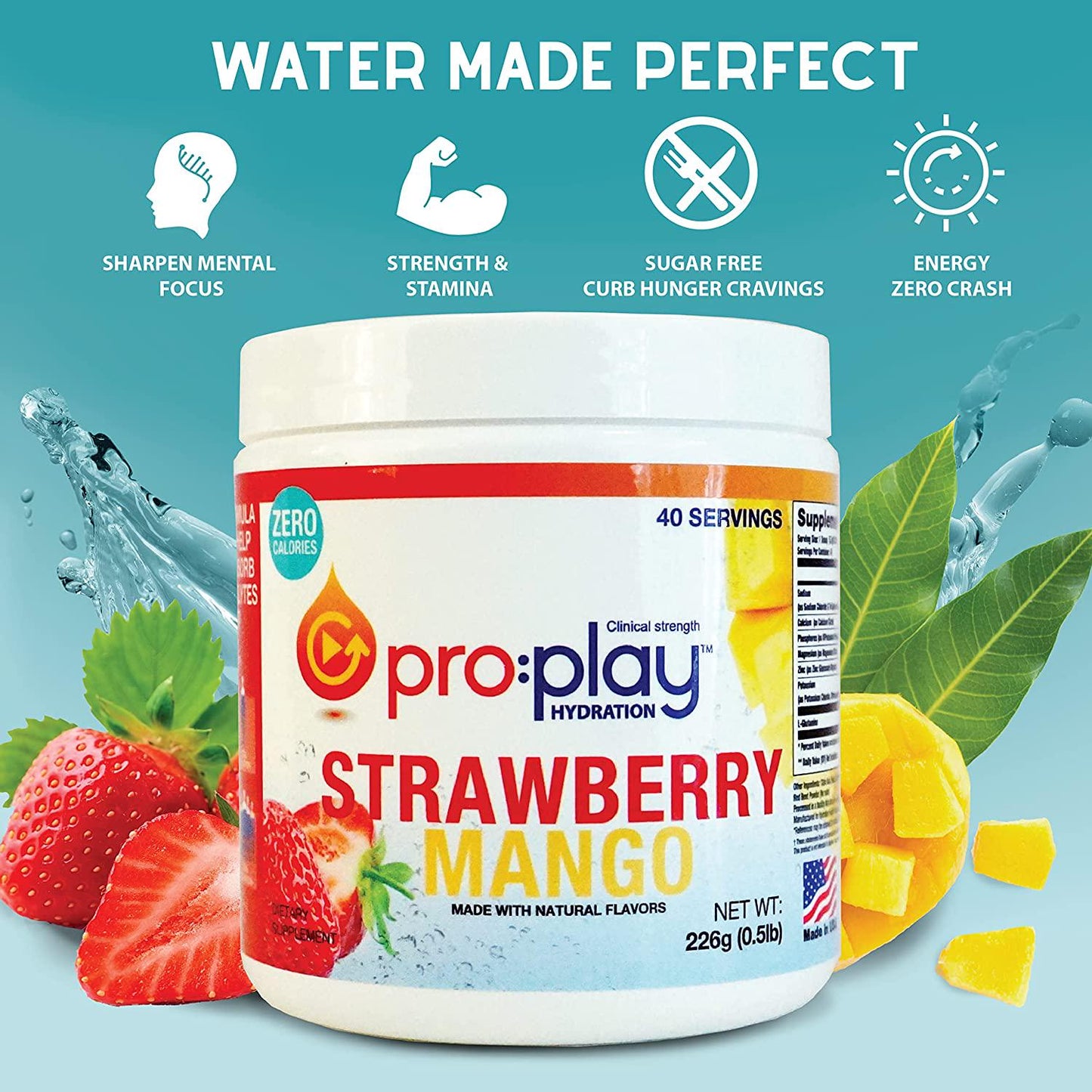 Pro:Play - 8 Stick Packs Strawberry Mango - Electrolyte Hydration Drink with Magnesium + Zero Sugar - All Natural