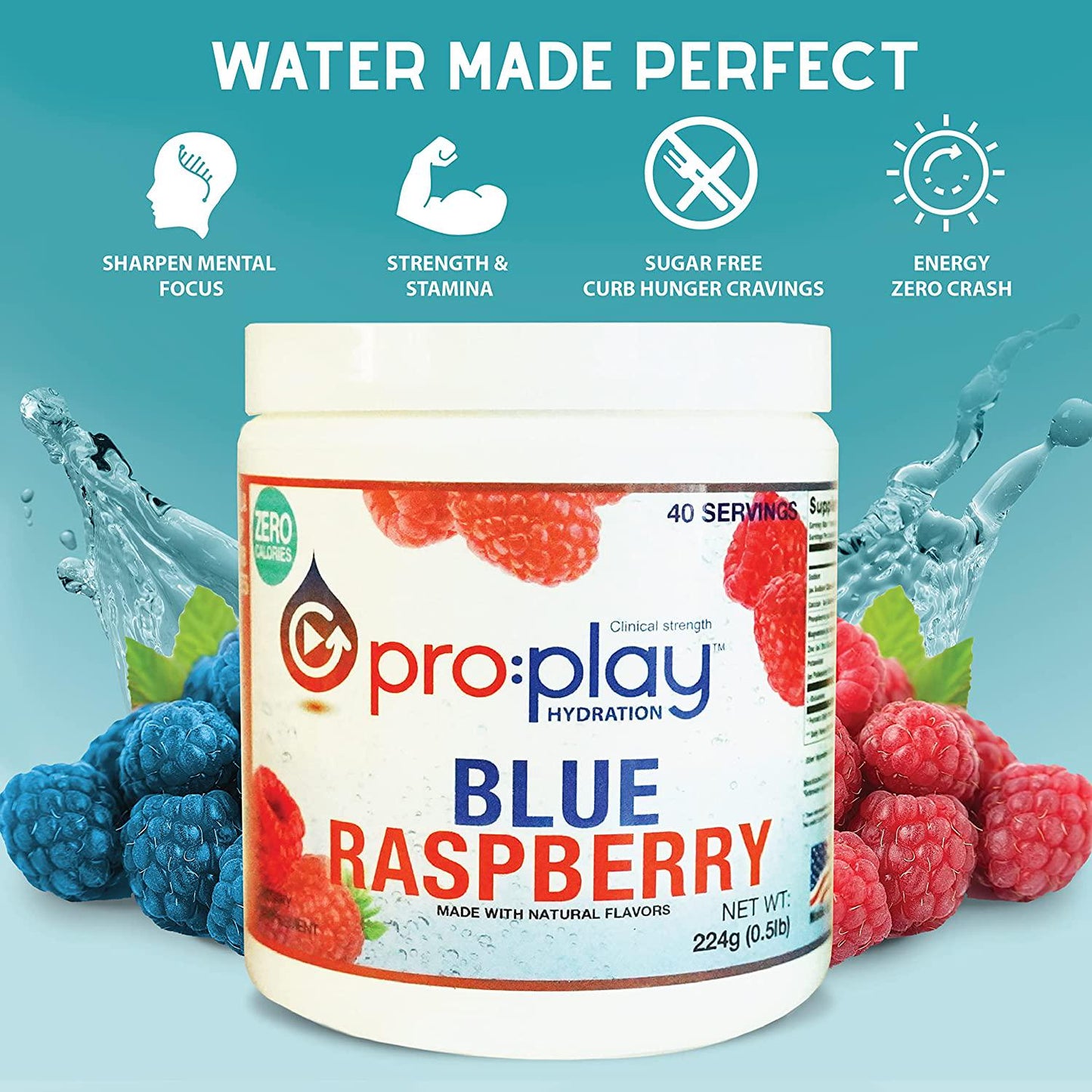 Pro:Play - 8 Stick Packs Blue Raspberry - Electrolyte Hydration Drink with Magnesium + Zero Sugar - All Natural