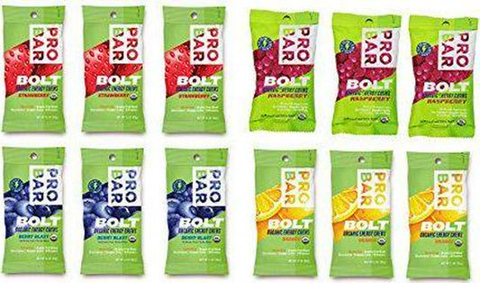 Probar Bolt Organic Energy Chews Orange, Raspberry, Strawberry, Berry Blast - Three of Each Flavor, Box of 12