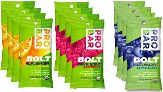 Probar Bolt Organic Energy Chews Set Mixed Berry, Orange and Raspberry - Four of Each Flavor, Box of 12