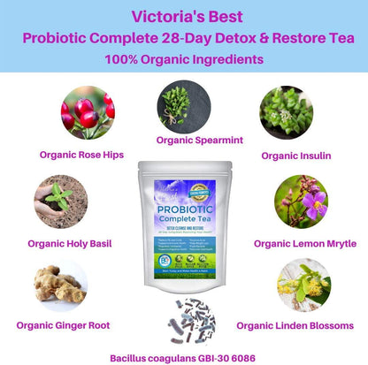 Probiotic Complete Tea 28 Day Weight Loss Detox Reduce Bloating Constipation Cleanse Caffeine Free Ganeden BC30 Probiotic + Free E-Book Guide